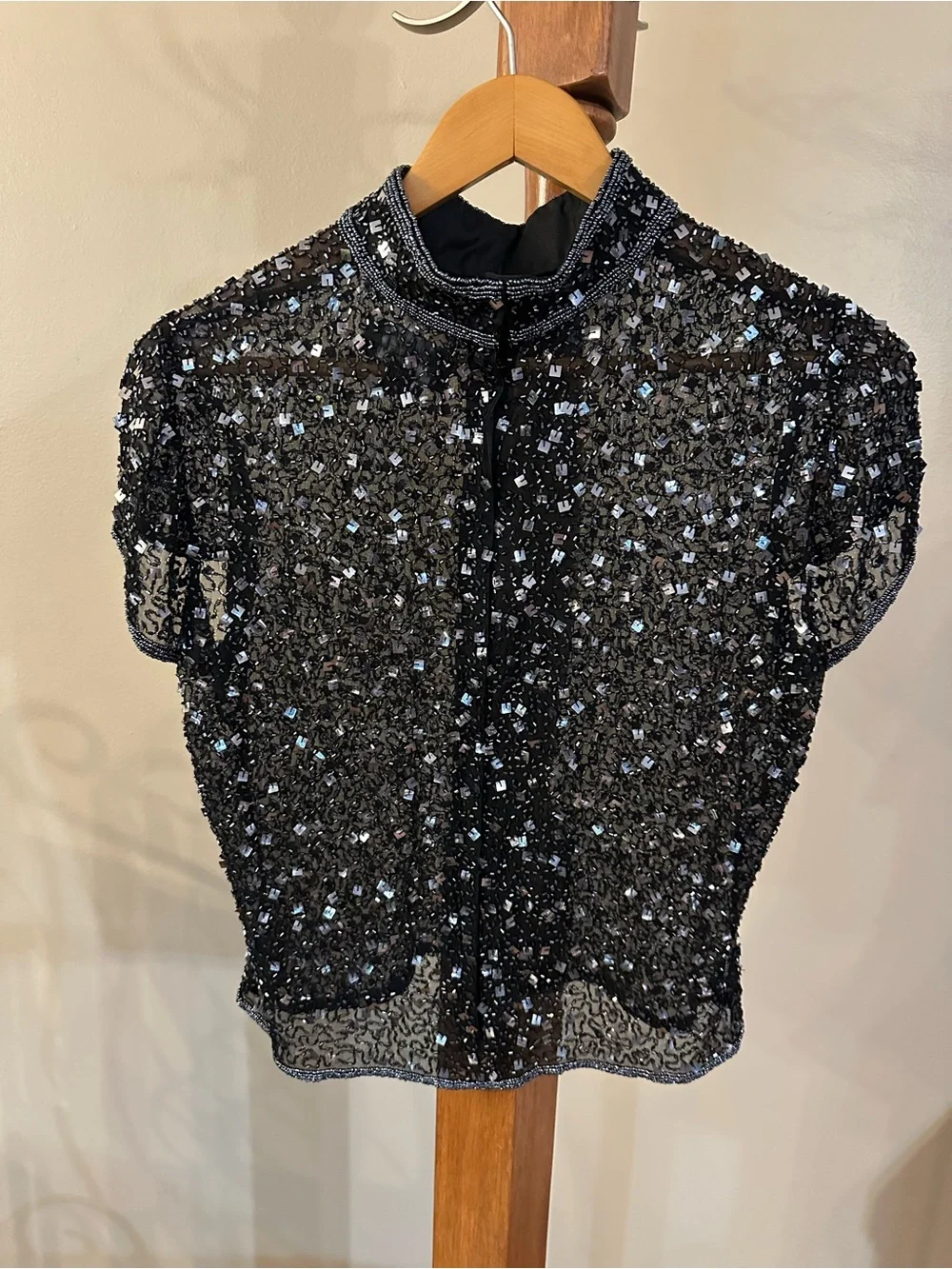 Adrianna Papell Black Sequin Mock Neck Top